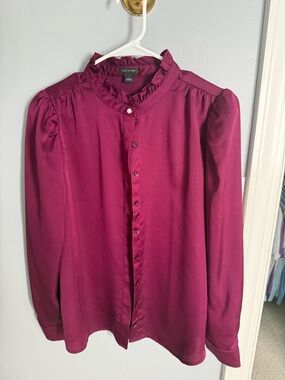 Ann Taylor Burgundy Ruffle-Neck Button Front Blouse